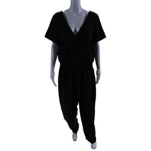 Elle Lauri Womens Short Sleeve V Neck Slim Leg Jumpsuit Black Size Large